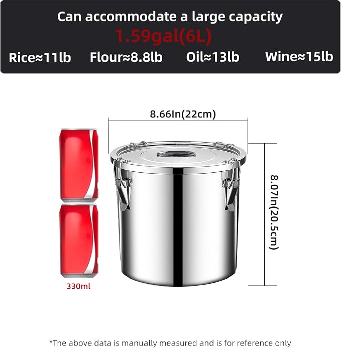 stainless steel food storage containers with lids lock clips airtight container large airtight for rice flour sugar grain coffee bean storage containers Kitchen jar (1.59gal/6L)
