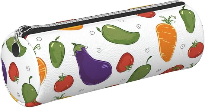 OSAM SPACE Leather Pencil Case Round Pencil Bag Colorful Vegetables Pen Organizer Holder Portable Zipper Pouch Cute School Supplies for Girls Boys Study Office