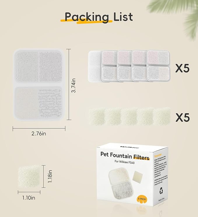 5 Pack Filters Replacement Filters for FS40 with 5 Pump Filter, 6 Layer Filters, Pet Drinking Fountain for 135 fl oz/4L FS40