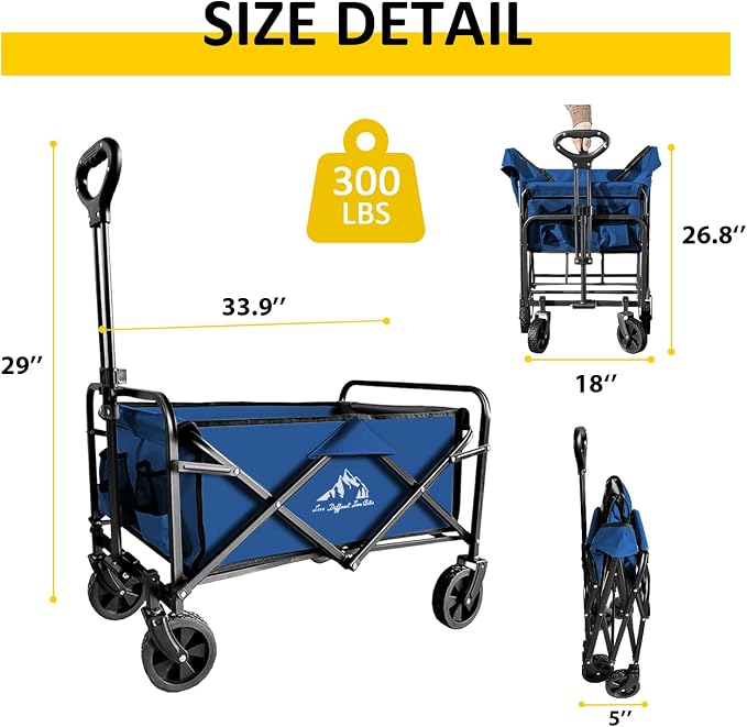 Foldable Wagon Cart, Collapsible Wagon Cart with Heavy Duty Wheels, 220Ibs Portable Folding Utility Wagon for Groceries, Beach, Camping, Outdoor Activities, Blue