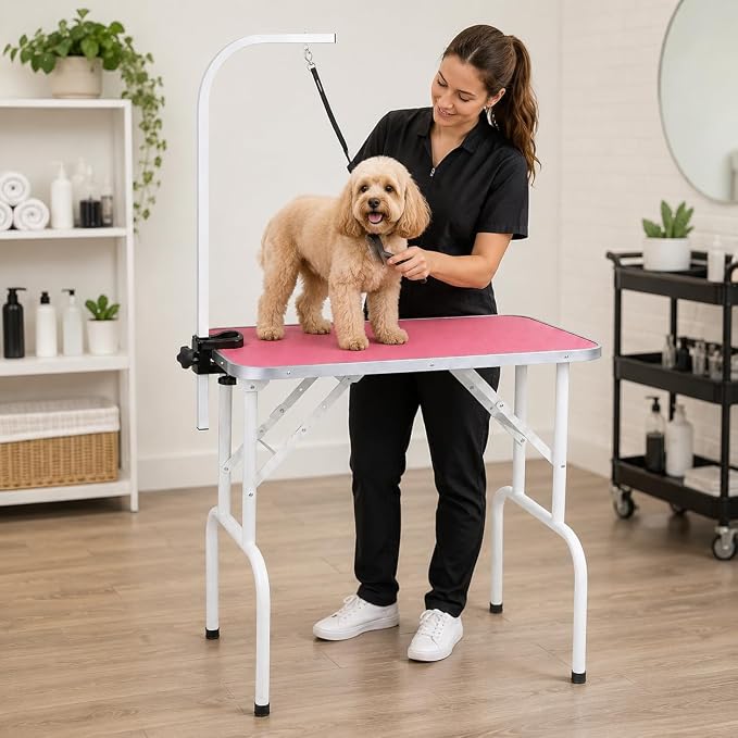 LEIBOU Pet Dog Grooming Table Foldable Grooming Table Heavy Duty Iron Frame with Arm & Noose for Dog Cat Pet Grooming (32'', Pink)