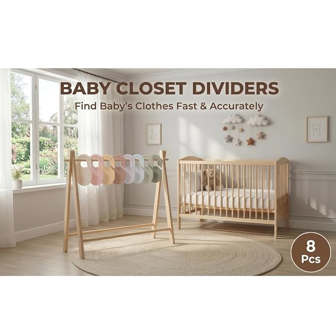 8 Pcs Baby Closet Dividers, Nursery Clothes Organizer | Neutral Baby Clothes Organizer, Baby Nursery Decor Clothes Size Dividers, Clear Label for Easy Sorting, Fits Most Rods