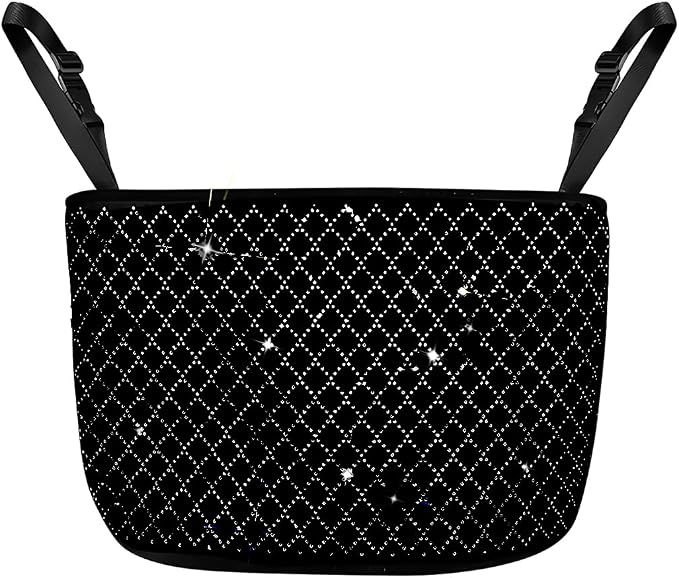 zipelo Bling Car Net Pocket Handbag Holder, Rhinestone Vehicle Backseat Purse Organizer Between Seats, Diamond Hanging Storage Bag Barrier of Pet Kids, Universal Automotive Accessories (Black)