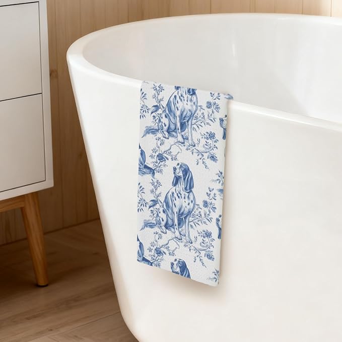 Bloodhound Kitchen Dish Towels,Blue and White Floral Dog Towel Dish Tea Towels, Chinoiserie Decor for Kitchen Bathroom,Bloodhound Gifts for Dog Lover Mom Dad,16x24 Inch