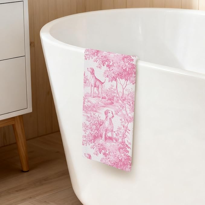 Pink Beagle Kitchen Dish Towels,Pink and White Floral Dog Towel Dish Tea Towels, Chinoiserie Decor for Kitchen Bathroom,Beagle Gifts for Dog Lover Mom Dad,16x24 Inch
