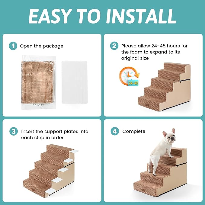 COZY KISS Dog Stairs for Small Dogs, 5 Step Pet Stairs for Beds & Couches | 23.6" Extra Wide Non-Slip Dog Steps with Removable Tiers & Support Board for Puppies, Older Cats & Dogs, Light Brown