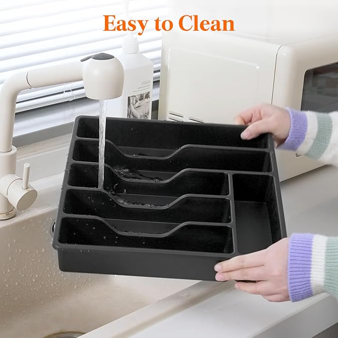 Lifewit Silverware Organizer with Lid, Covered Utensil Tray, 12.6x11.8 | Plastic Cutlery Storage Box for Kitchen Drawer and Countertop, Flatware Case Holder for Spoons Forks Knives, Black