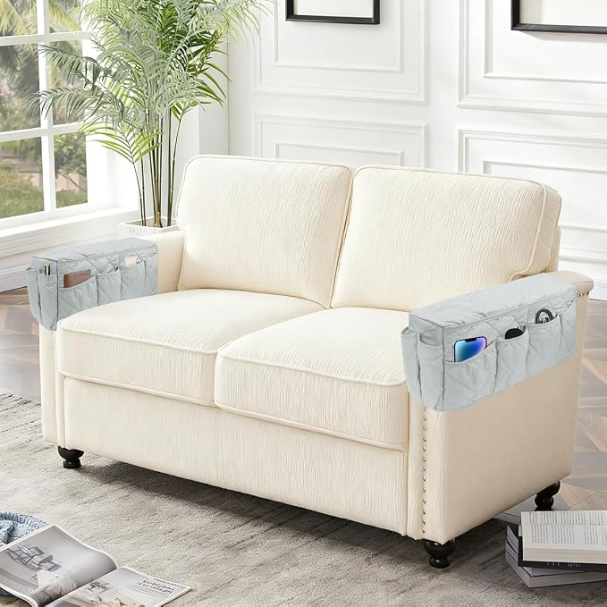 Remote Control Holder, Non Slip Bedside Armchair Caddy, Recliner Arm Caddy Armrest Organizer with 14 Pockets for Cell Phone TV Remote Control Magazines, Light Gray