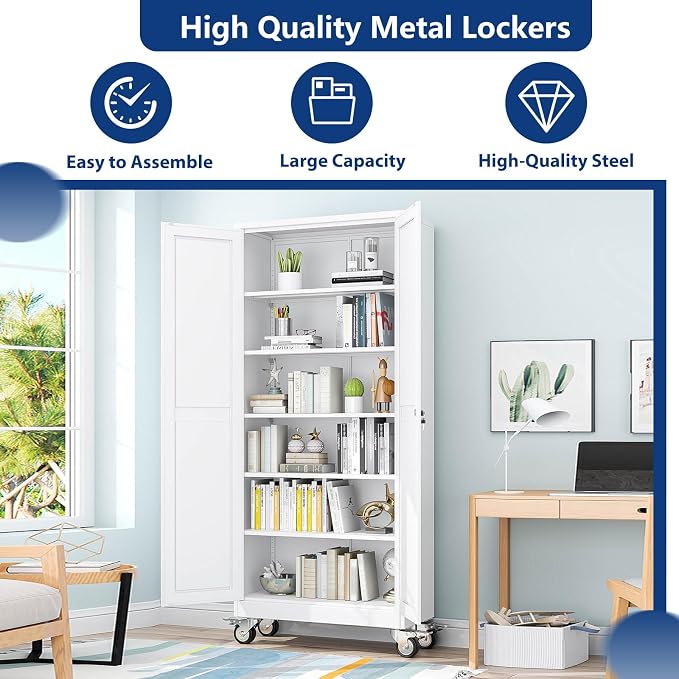 Ckzbx Metal Garage Storage Cabinet with Locking Doors and Adjustable Shelves,75" H Rolling Tool Storaget with Wheels for Garage,Office (White)