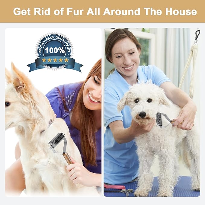 Undercoat Rake for Dogs, Dematting Comb for Dogs and Cats with Wood Handle, Deshedding Dog Brush for Remove Mats, Long-Haired Pets Grooming Rake, L