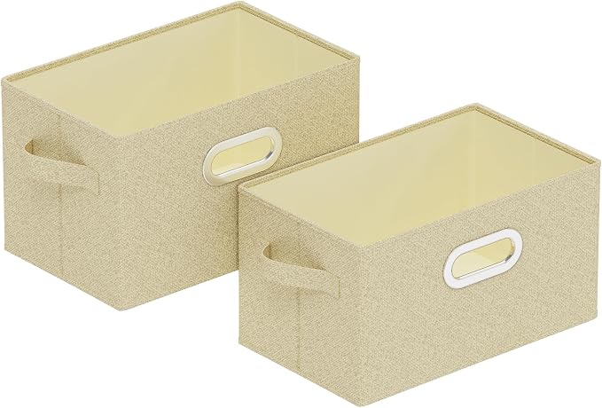 Storage Bins with Metal Grips,Grey and Beige,15x9.8x9.8in,2 Pack | Fabric Storage Baskets with Soft Cloth Handles,Thick PP Panel Wardrobe Containers,Wipeable Open Boxes for Closet Shelves