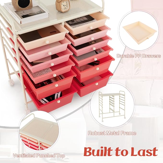 12 Drawer Rolling Storage Cart, Art Cart Organizer on Wheels, Mobile Utility Cart with Drawers, Multipurpose Craft Drawers for Home Office School Classroom (Mixed Pink)