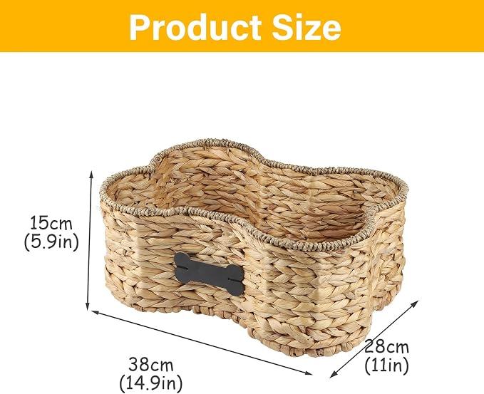 Pet Dog Toy Basket - Bone Shape Storage Bin, Personalized Organizer for Cat Toys, Wicker Holder Box for Living Room, Handmade Water Hyacinth
