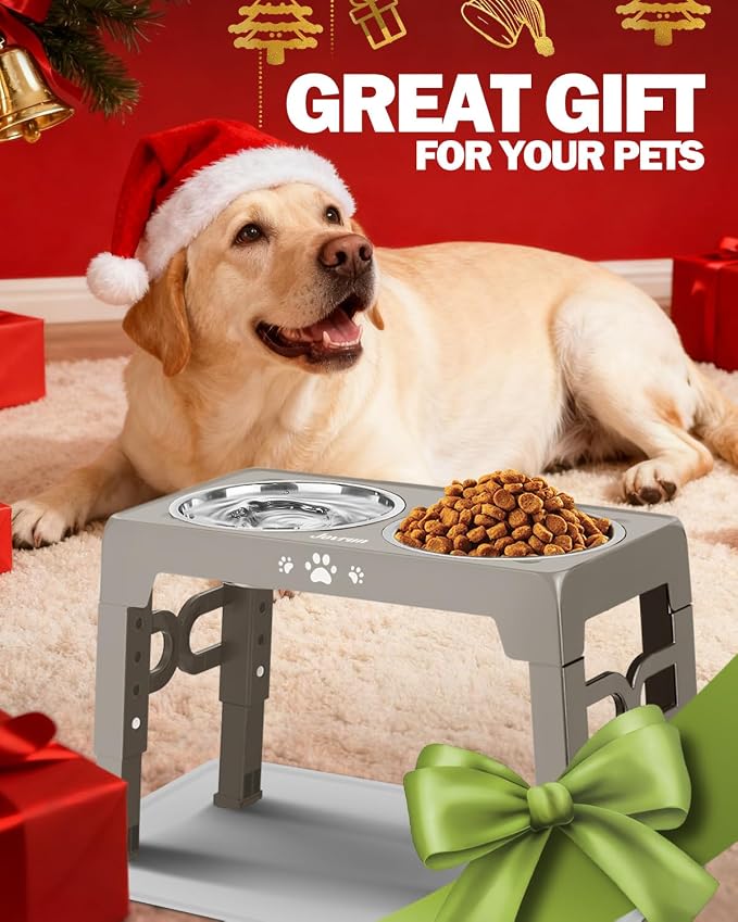 Jovrun Elevated Dog Bowls for Medium Large Dogs with Mat, Non-Slip Dog Feeder with 1*Stainless Steel Dishes & 1*Slow Feeder Bowl, 5 Heights Adjustable Raised Bowls for 3.15″-8.66″-9.84″-11.02″-12.2″