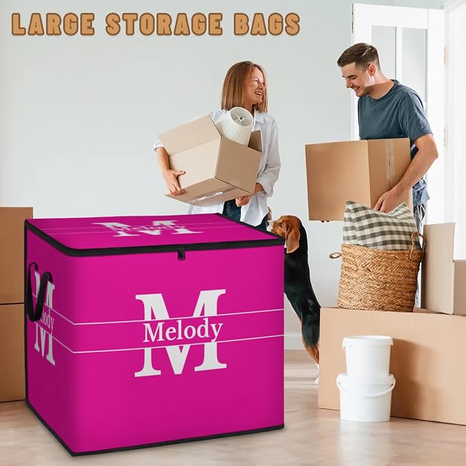Personalized Storage Bins with Lid, Customized Name Jumbo Storage Basket Rectangle Clothes Organizer for Organizing Kids and Pets Toys Shelf Closet, Hot Pink with Initial Letter