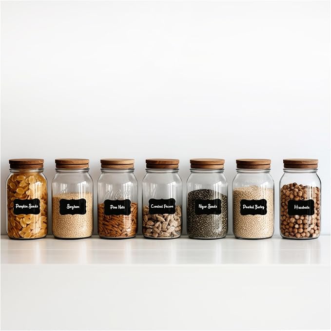 200 Chalkboard Labels for Containers - Waterproof Black Jar Labels with Chalk Markers, Reusable Chalk Stickers Kitchen Pantry Containers and Storage Bin Organization
