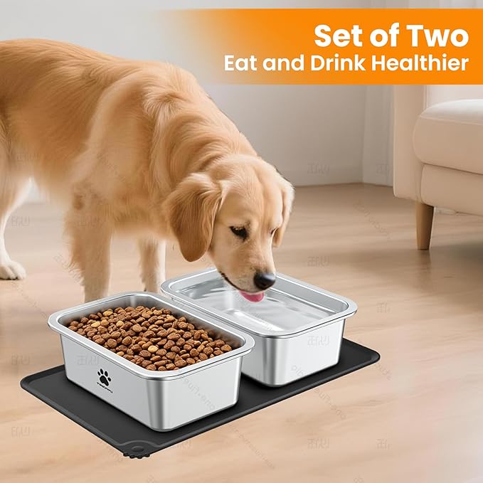 URPOWER 2 Pack 1.25 Gallon Large Dog Water Bowl, Thickened Stainless Steel Dog Water & Food Bowls with Non-Slip Mat, Spill-Proof Metal Pet Bowl Set for Medium, Large, X-Large Dogs, Indoor/Outdoor Use