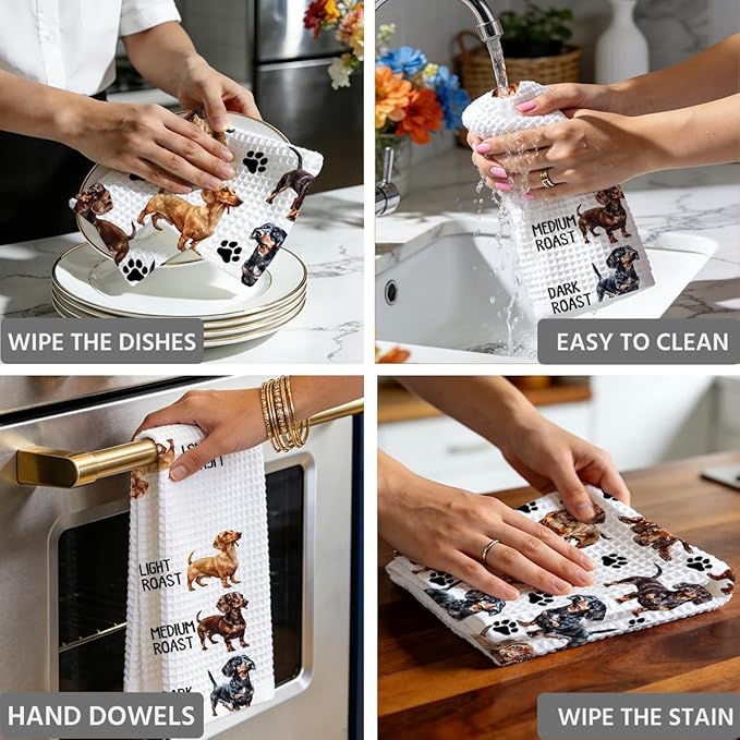 Funny Coffee Dachshund Waffle Weave Kitchen Towels, Quick Dry Multipurpose Hand Towels for Bathroom, Absorbent Reusable Cloth Tea Dish Towels for Home Decor, Dog Lover Gift Towel Set of 2