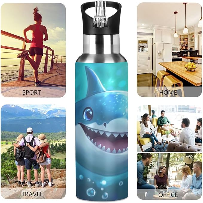 Cute Blue Shark Bubbles Water Bottle with Straw Lid Kids Insulated Stainless Steel Water Flask Sports, 20 Oz Hot Cold
