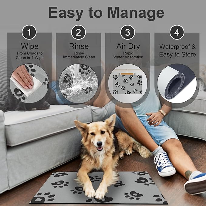 Pet Feeding Mats 16"x24"- Absorbent Dog Mat for Food and Water, Large Pet Food Mat, Rubber Mat for Dog Bowls, Pet Food Mats for Floor, Mat for Cat Food and Water Bowls, Dark Grey