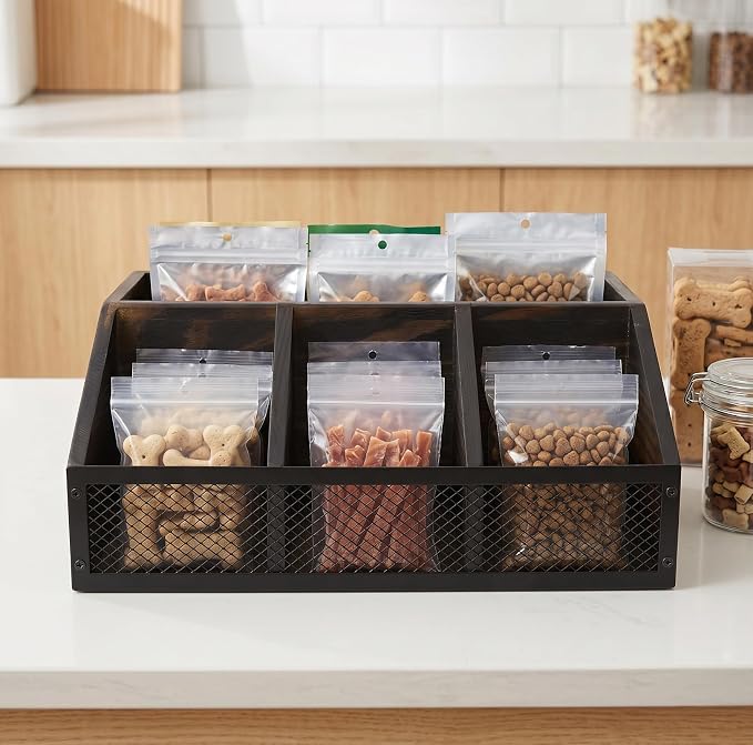 Pethiy Dog Treat Organizer for Countertop, Wooden Pet Treat Storage Box,Wooden Grid Snack Storage Box Trapezoid Dog Snack Holder for Training Treats,cat Treat jar Desktop Treat bar