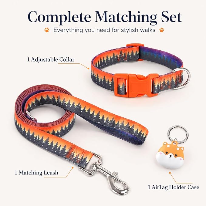 Matching Dog Collar and Leash Set with AirTag Holder-Forest/L | Anti-Lost,Adjustable Durable Pet Collar Leash Combo for Large Boy Girl Dogs,for Outdoor Walking Hiking Training Running