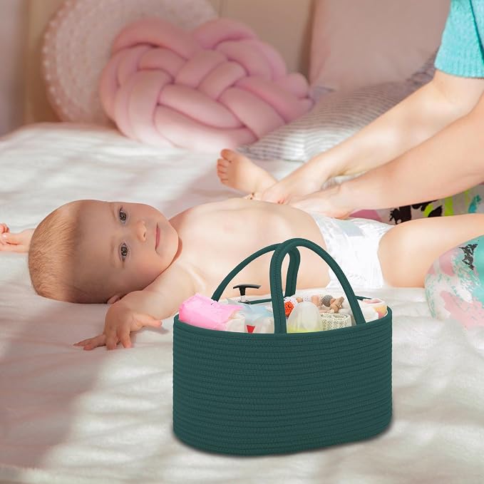 COMSE Baby Diaper Caddy Organizer with Handles, Cotton Rope, Dark Green