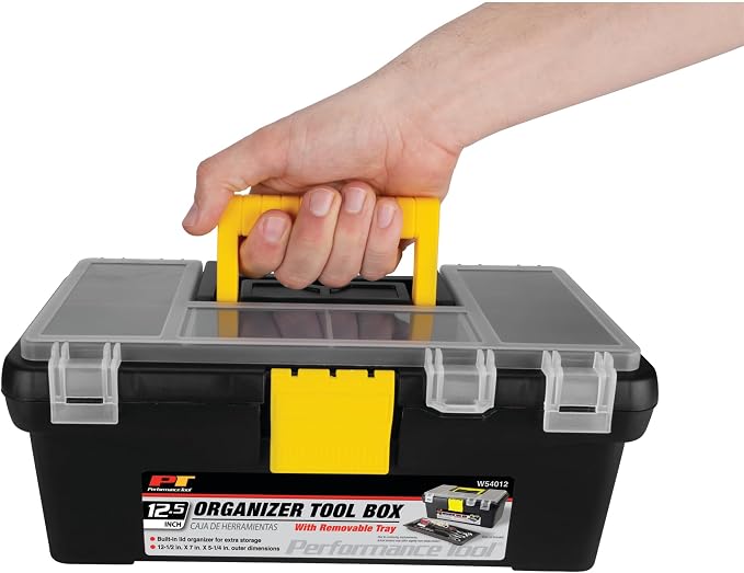 Performance Tool W54012 Heavy Duty Plastic Organizer Tool Box for Workshops and Garages, Black, 12.5-Inch | Tool organizer with ergonomic comfort handle. Plastic portable tool carrying case for hobbies and more