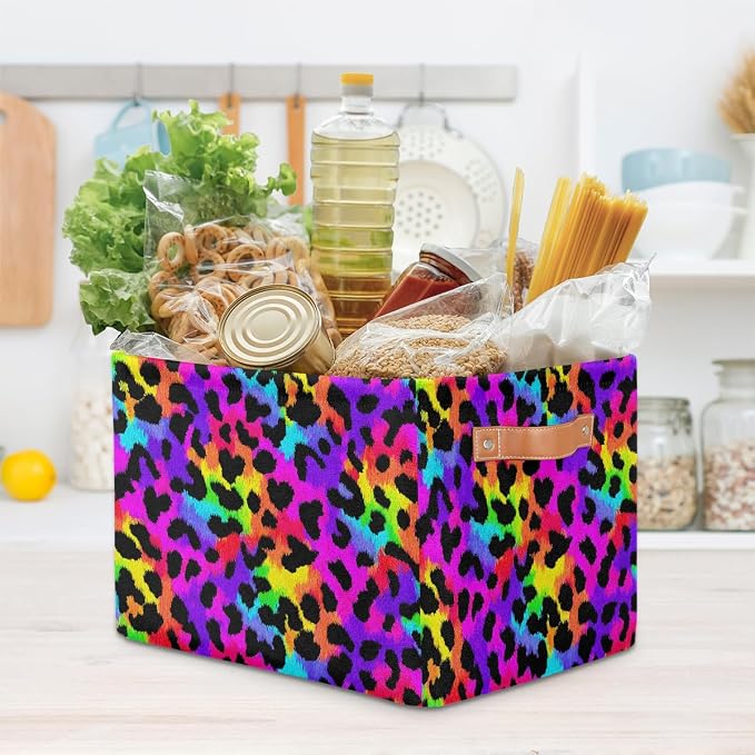 Pardick Colorful Leopard Print Basket Storage Bins Large Fabric Toys Storage Cube Box with Handles Collapsible Closet Shelf Cloth Organizer Basket for Nursery Bedroom Bathroom Holiday Gift