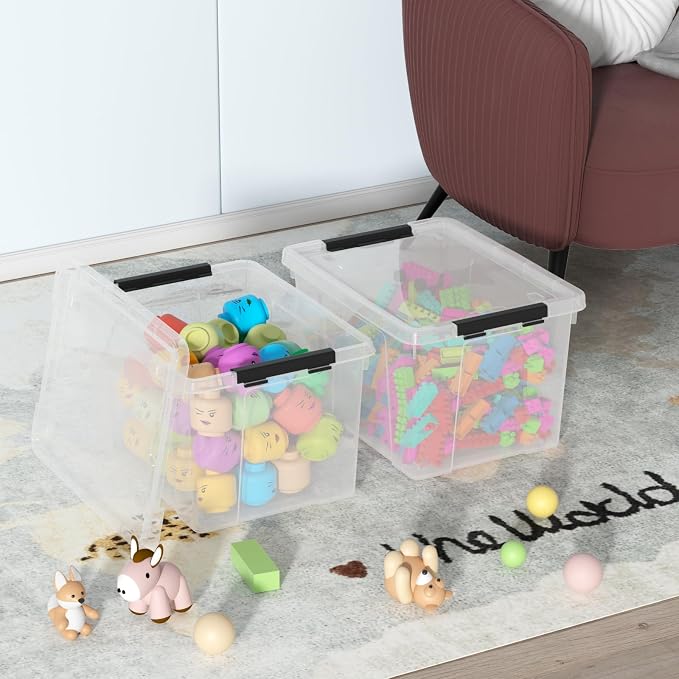 24 Quart Stackable Clear Latching Bin with Lid and Wheel, 6-Pack | Plastic Organization Boxes with Lids