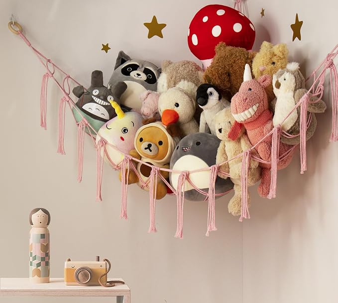 Stuffed Animal Storage Hammock Corner Net - Pink Room Christmas Decor for Teen Girls - Toys Storage Hanging Stuff Animal Organizer Holder Cute Stuff - Boho Nursery Dorm Bedoom Decor Aesthetic