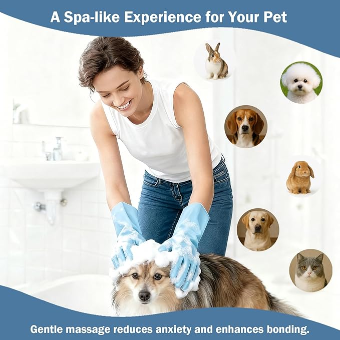 Pet Grooming Gloves for Cats Dogs, 3000 Silicone Grooves Bathing Gloves, Wet Dry Dual Use Washing Massage Gloves, Pet Bath Supplies for Gentle Cleaning Grooming(Blue)