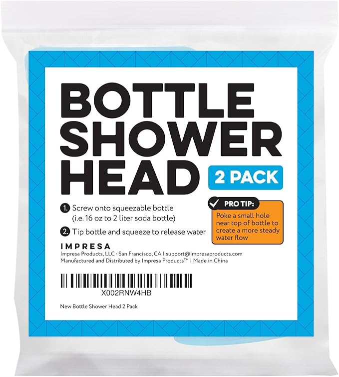 Impresa Water Bottle Attachment Shower Sprinkler Cap - Blue Silicone, 2-Pack, Fits 16oz-2L - Water Bottle Rinse Cap for Sand & Dirt Removal - for Camping & Hiking
