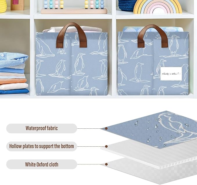 Light Blue Line Drawn Penguin Storage Basket Foldable Cube Storage Bins with Handles&Label Waterproof Organizer Box Bin Large Rectangle Decorative Baskets for Shelves Home Room Laundry-2 Pack
