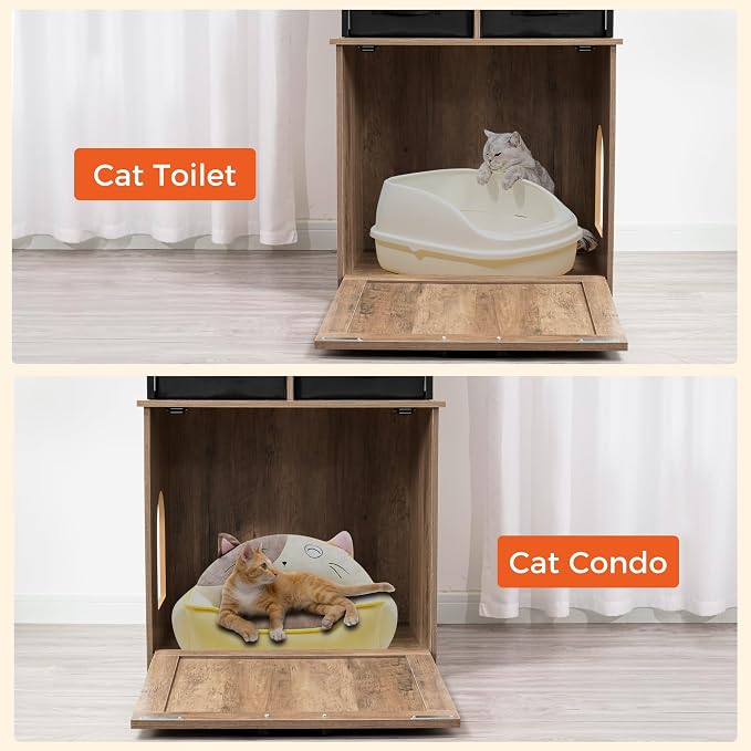 Dwanton Cat Litter Box Enclosure, 2 Storage Shelves and 2 Drawers, 50" H | 2-in-1 Hidden Cat Litter Box Enclosure Furniture with Shelf, Metal Frame, Reversible Entrance, Washable Drawers, Greige