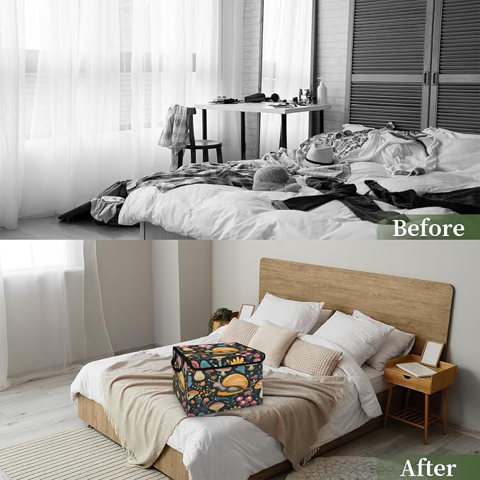 Snail Storage Bins with Lids, Boho Mushroom Foldable Storage Boxes with Carrying Handle Organizer Containers Baskets Cube for Home Bedroom Closet