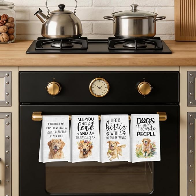 4Pcs Golden Retriever Dog Kitchen Towels 24x14 Inch, Golden Retriever Gifts for Women Mom, Reusable Dish Towels for Kitchen Bathroom Decor, Waffle Weave Absorbent Hand Cloth Tea Towel,Dog Lover Gifts