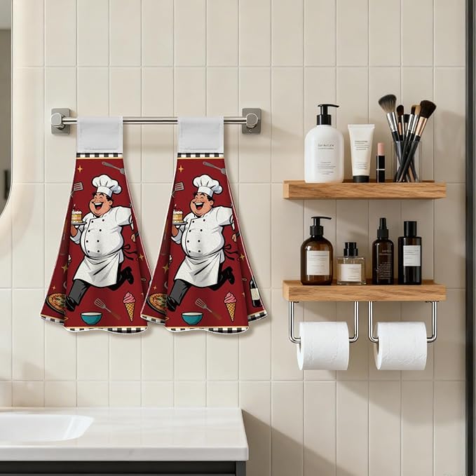 CUTHOLLOW Cartoon Chefs Hanging Kitchen Towels with Loop, Set of 2 - Soft & Super Absorbent Microfiber Decorative Hanging Dish & Hand Towel, Tea, Coffee Towel for Kitchen Bathroom Oven Handle