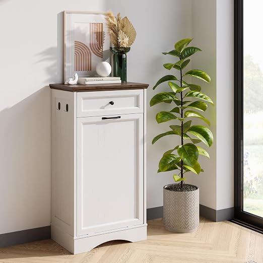 NEWOWNDS Tilt Out Trash Can Cabinet 10 Gallon Hidden Trash Garbage Can Cabinet with Drawer,Pet Proof Hidden Garbage for Kitchen,Laundry Bathroom (White, Single Door)