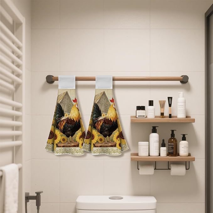 CUTHOLLOW Rooster and Sunflower Hanging Kitchen Towels with Loop, Set of 2 - Soft & Super Absorbent Microfiber Decorative Hanging Dish & Hand Towel, Tea, Coffee Towel for Kitchen Bathroom Oven Handle