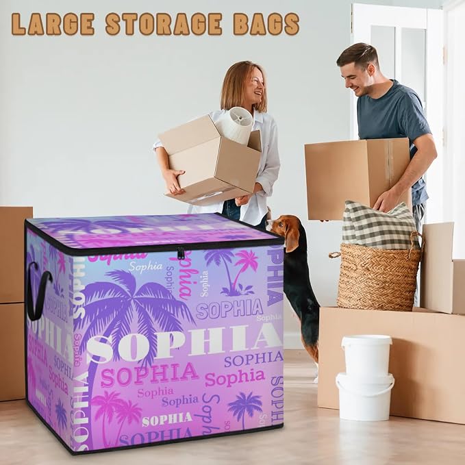 Custom Extra Large Storage Baskets with Lid, Personalized Storage Bins Basket Boxes Handles for Clothes Blanket Bedroom Closet Organizing Toys Shelves, Gradient Purple Blue with Palm Trees