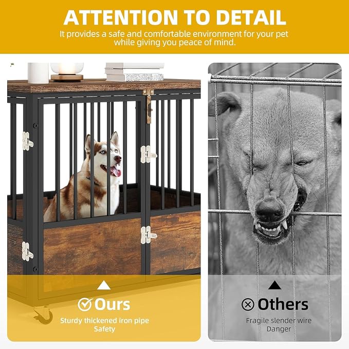 DWVO 38 Inch Dog Crate Furniture with Wheels & Double-Doors | Dog Kennel Indoor Furniture End Table, Farmhouse Decorative Wooden Dog Cage Table, Chew-Resistant, Rustic Brown