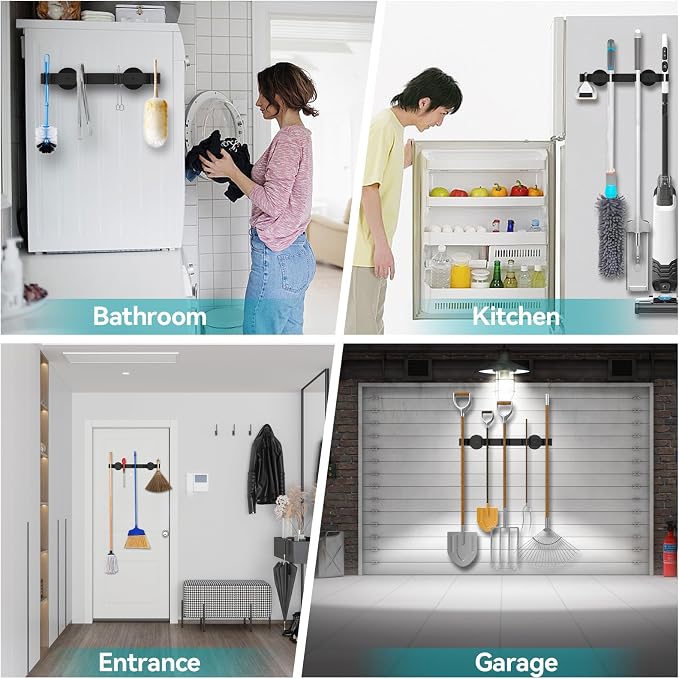 Magnetic Mop Broom Holder, Strong Non Slip Magnetic Broom Mop Hanger, Heavy Duty Magnetic Hooks for Hanging Shovel Rake Tools, Wall Mounted Utility Storage Magnet Rack 4 Rack