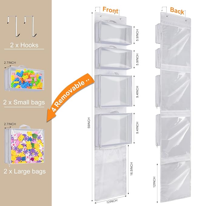 Over Door Organizer and Storage, Hanging Toy Holder with Removable Pouches | Toddler Room Wall Stuffed Animal Storage Bag Case, Kids Playroom Closet Back of Door Organization for Building Block, Puzzle