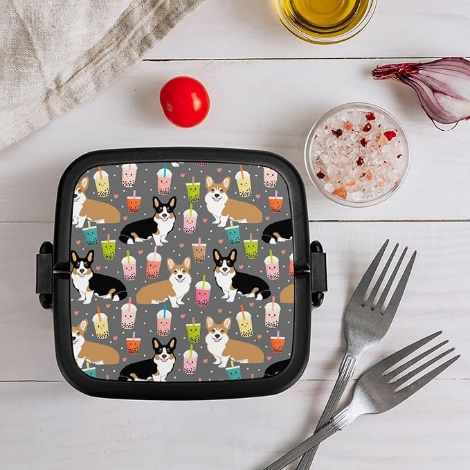 Cute Corgi Pet and Milk Tea Double Layer Bento Box, 1000ml Stackable Leakproof Lunch Container with Spoon, Portable 2-Tier Food Storage Box for Office Work Picnic Camping and Travel