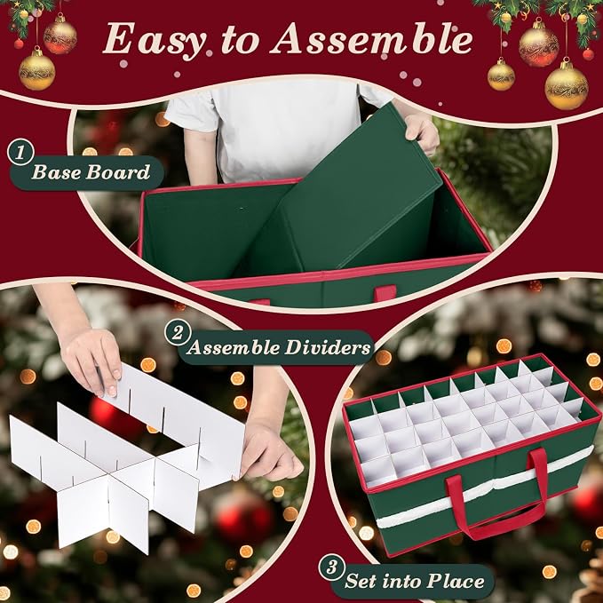 Christmas Ornament Storage Box with Adjustable Dividers Zippered Top Stores up to 128 Holiday Ornaments (3 Inch) Xmas Ball Decorations Organizer Storage Container Bin