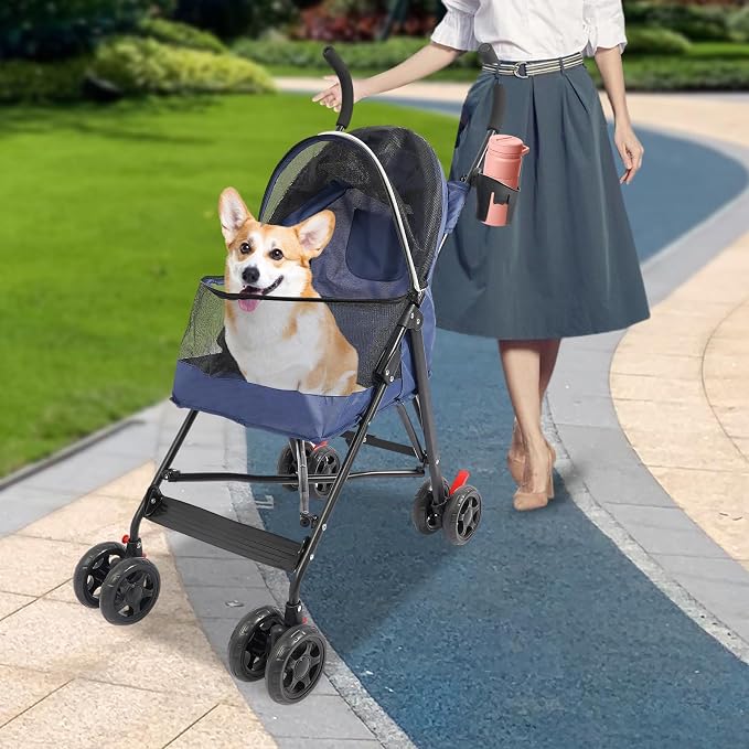 2 Wheels Pet Stroller, Foldable Pet Strolling Cart with Storage Basket and Cup Holder, Puppy Kitty Stroller with Weather Cover, Travel Gear for Medium Small Dogs and Cats Under 22lbs (Blue)