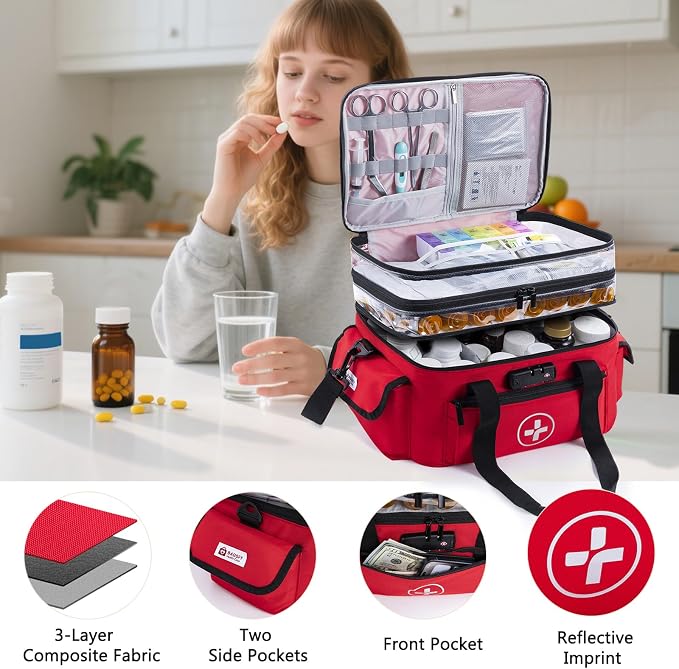 BAGSFY 3-Tier Medicine Organizer with Combination Lock – Large Medicine Bag, Empty First Aid Kit Case, Pill Bottle Medical Supply Organizer, Travel Prescription Bag, Medication Storage Container