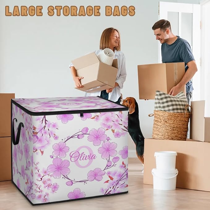 Personalized Extra Large Storage Bins with Lid, Customized Name Jumbo Storage Basket Clothes Organizer for Organizing Kids and Pets Toys Shelf Closet, Violet Pink Cherry Blossom Floral