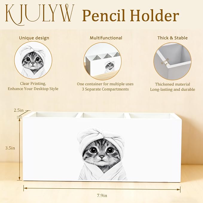 Cat Toothbrush holder Gifts,Cat Pen Holder for Desk, Funny Bathrobe Kitty Wooden Box Toothbrush Organizer for Bathroom Powder Room Desk Accessories